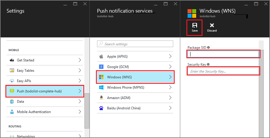 Задайте ключ WNS на портале
