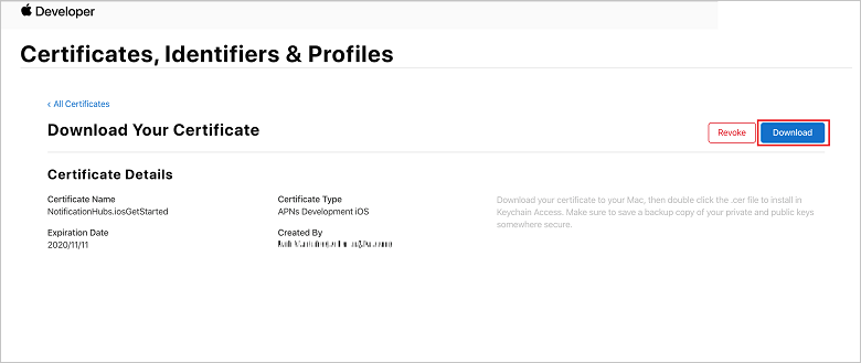 страница скачивания сгенерированного сертификата