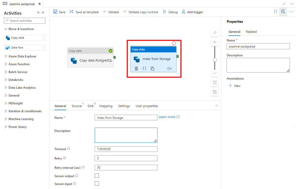 Снимок экрана, показывающий, как выполнять перетаскивание в Фабрике данных Azure для настройки операции копирования.