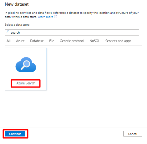 Снимок экрана, показывающий, как выбрать службу Azure Cognitive Search для набора данных в Azure Data Factory, который будет использоваться в качестве приемника.