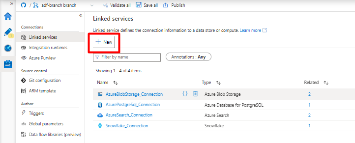 Снимок экрана: выбор новой связанной службы в Фабрике данных Azure.