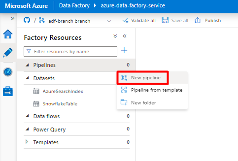 Снимок экрана, показывающий, как выбрать новый конвейер в Фабрике данных Azure для создания конвейера для приема данных Snowflake.