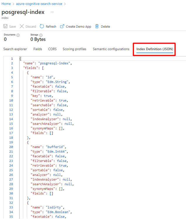 Снимок экрана: копирование существующей конфигурации json индекса Когнитивного поиска Azure.