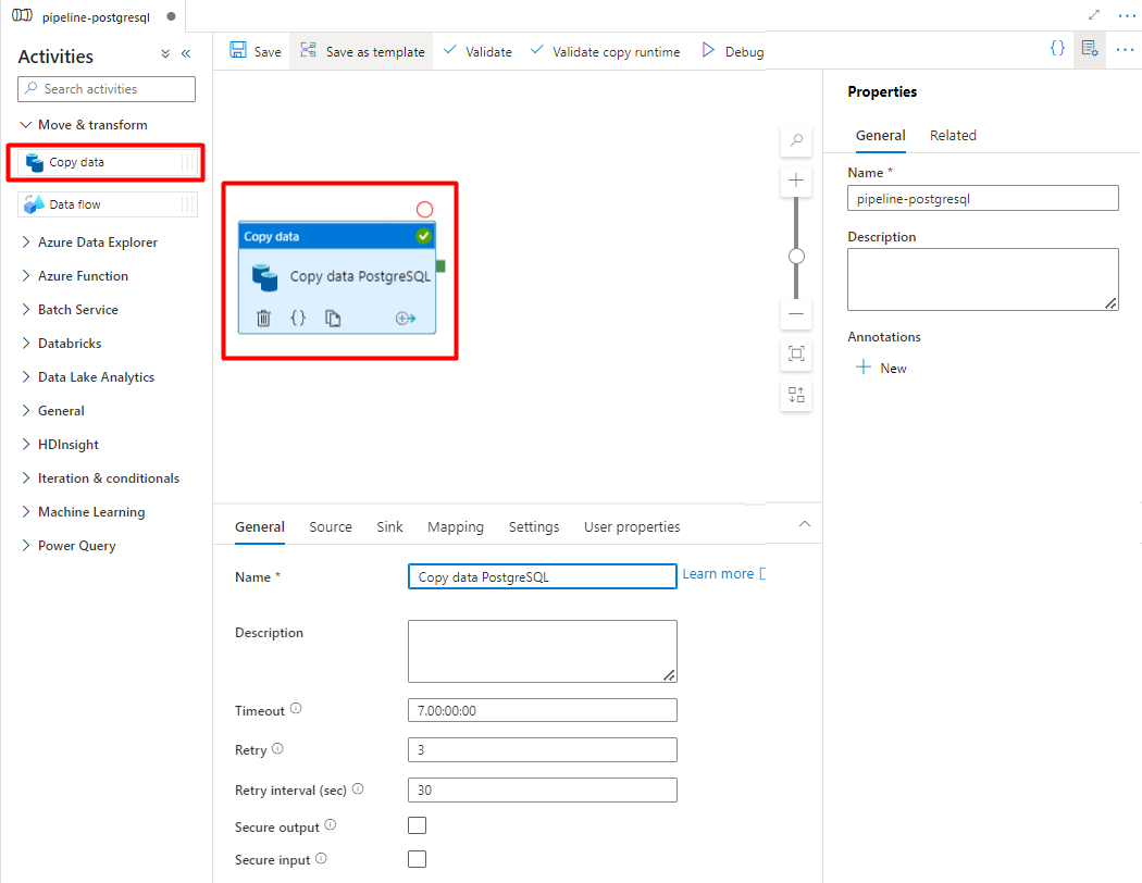 Снимок экрана: перетаскивание данных в Фабрике данных Azure для копирования данных из PostgreSQL.