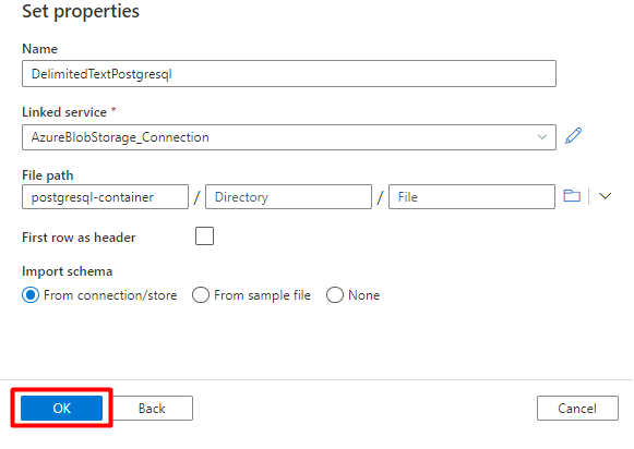 Снимок экрана: настройка свойств PostgreSQL для набора данных в Фабрике данных Azure.
