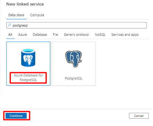 Выбор хранилища данных PostgreSQL для связанной службы в фабрике данных Azure.