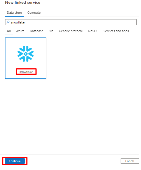 Снимок экрана: выбор плитки Snowflake в новом хранилище данных Связанной службы.