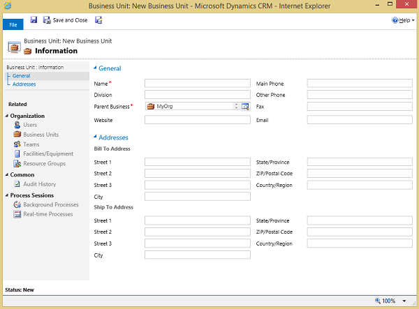 Диалоговое окно "Подразделение" в Dynamics 365