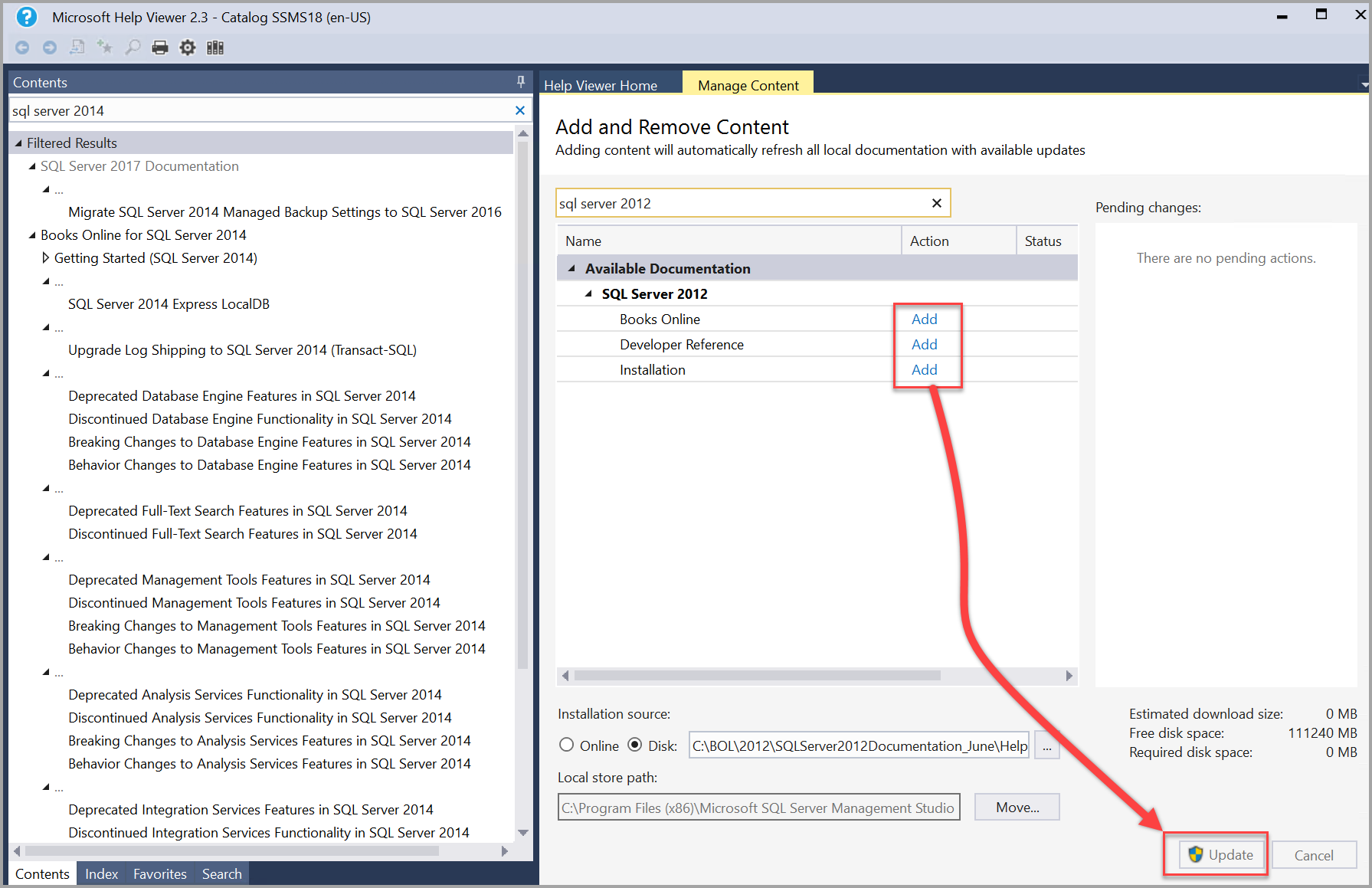 Добавление и обновление документации SQL Server 2012 в окне справки