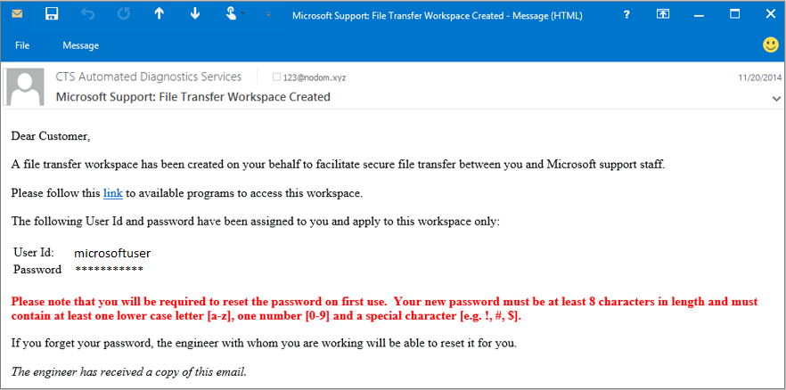Скриншот примера сообщения из службы поддержки Microsoft.