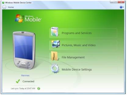 Снимок экрана: окно Центра устройств Windows Mobile.