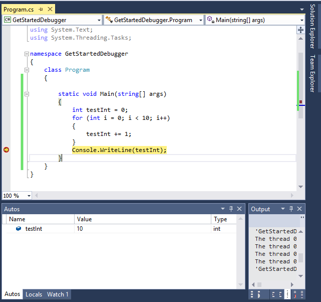 GetStartedWindows Autos window when debugging