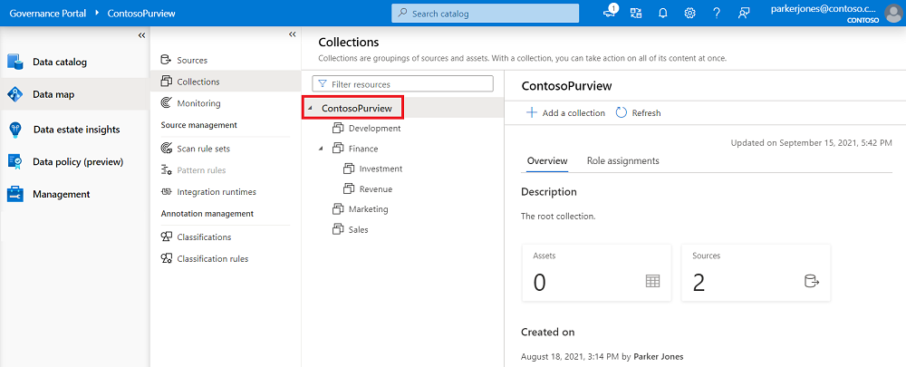 Снимок экрана: классическое окно портала управления Microsoft Purview, открытое для карты данных, с выделенной корневой коллекцией.