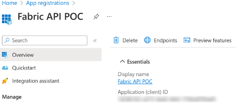 Снимок экрана, на котором показано приложение в Azure после регистрации.