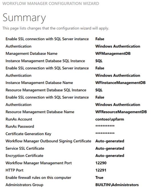 Снимок экрана: страница сводки мастера настройки Workflow Manager SharePoint.