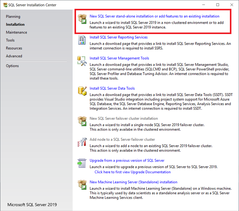 Screenshot, где показано, как использовать новую автономную установку SQL Server или добавить компоненты в существующую установку.