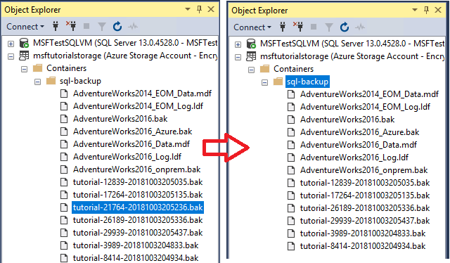 Снимок экрана браузера хранилища SQL Server Management Studio, показывающий контейнеры Azure и удаление резервной копии журнала транзакций в формате blob.