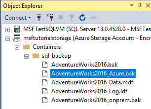 Снимок экрана обозревателя объектов в SSMS, показывающий резервную копию моментального снимка в Azure.