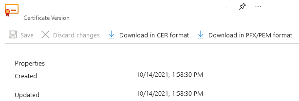Снимок экрана сертификата в портале Azure, где можно просмотреть и скачать сертификат.