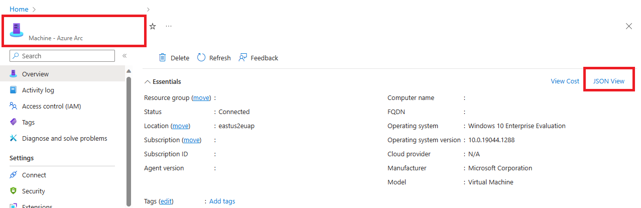 снимок экрана ресурса сервера Azure Arc на портале. 