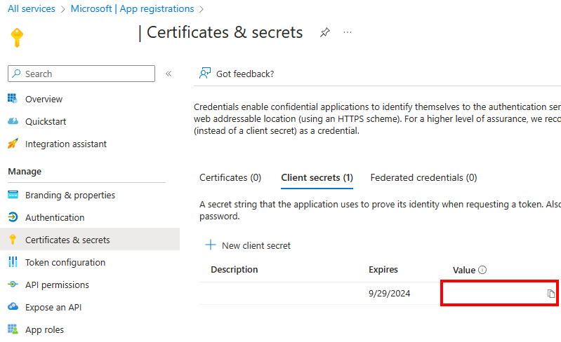 Снимок экрана значения секрета в портале Azure.