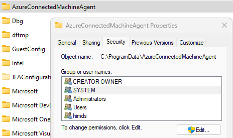 Снимок экрана: вкладка свойств безопасности папки AzureConnectedMachineAgent.