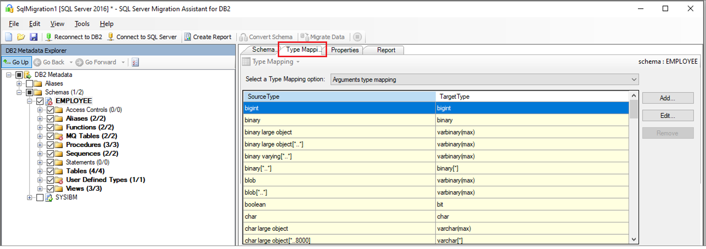 Снимок экрана: область Type mapping (Сопоставление типов) в SSMA для Db2.