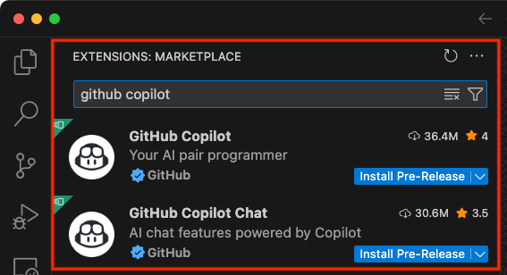 Снимок экрана: расширение GitHub Copilot в Visual Studio Code.