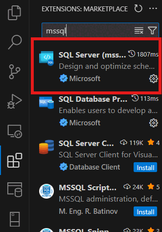 Скриншот установки расширения MSSQL для Visual Studio Code.