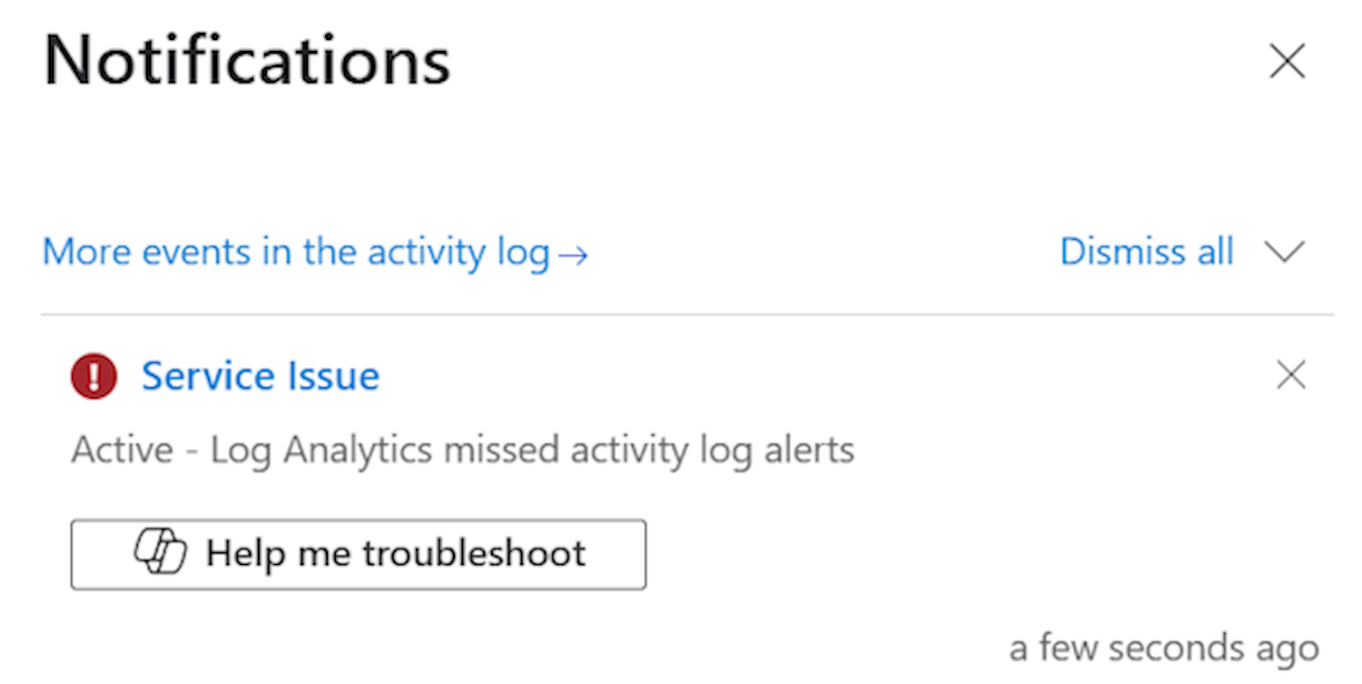 Снимок экрана Azure Copilot, предоставляющий ссылку для помощи в устранении ошибки в области уведомлений.