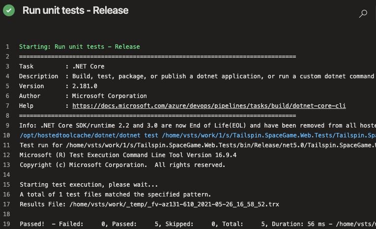 Снимок экрана: Azure Pipelines с выходными данными консоли при выполнении модульных тестов.