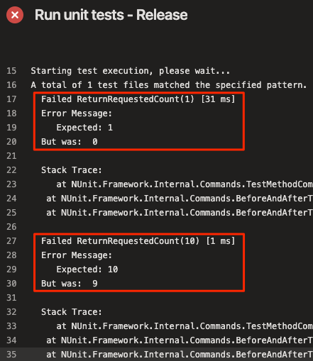 Снимок экрана: панель мониторинга Azure Pipelines с журналом выходных данных по сбою проверочного утверждения для модульного теста, где ожидалось 10, но получено 9