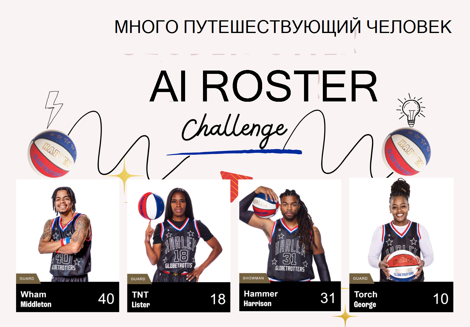 Иллюстрация арлем Globetrotters AI список вызов баннера с фотографиями игроков.