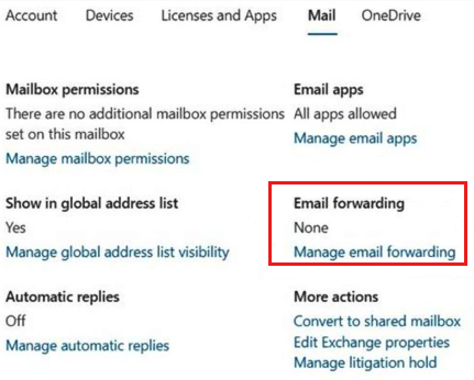Снимок экрана: проверка smtp-адреса пересылки с помощью портала Microsoft 365.