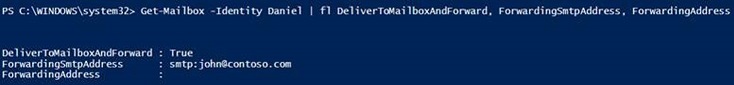 Снимок экрана: проверка перенаправления SMTP-адреса с помощью PowerShell.