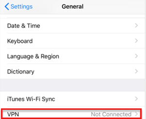 Снимок экрана: состояние VPN не подключено в iOS.