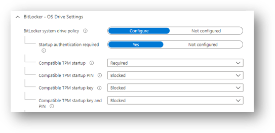 Параметры диска ОС BitLocker, в разделе Совместимый запуск доверенного платформенного модуля задано значение Обязательный.