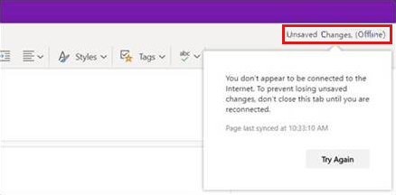 Снимок экрана: несохраненные изменения (в автономном режиме) в OneNote.