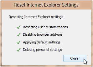 Скриншот параметра закрытия в окне «Сброс настроек Internet Explorer».