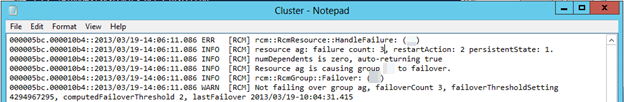 Снимок экрана: файл Cluster.log в Блокноте.