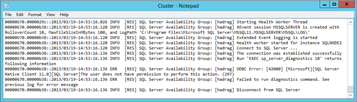 Снимок экрана: файл Cluster.log в Блокноте в случае 2.