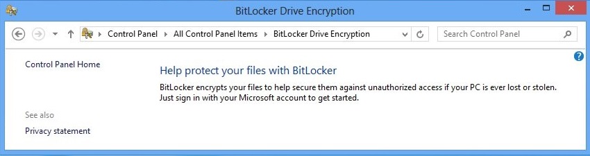 Снимок экрана: страница шифрования дисков BitLocker в панель управления.