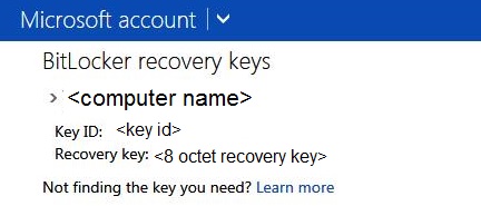 Снимок экрана: страница с ключом восстановления BitLocker.