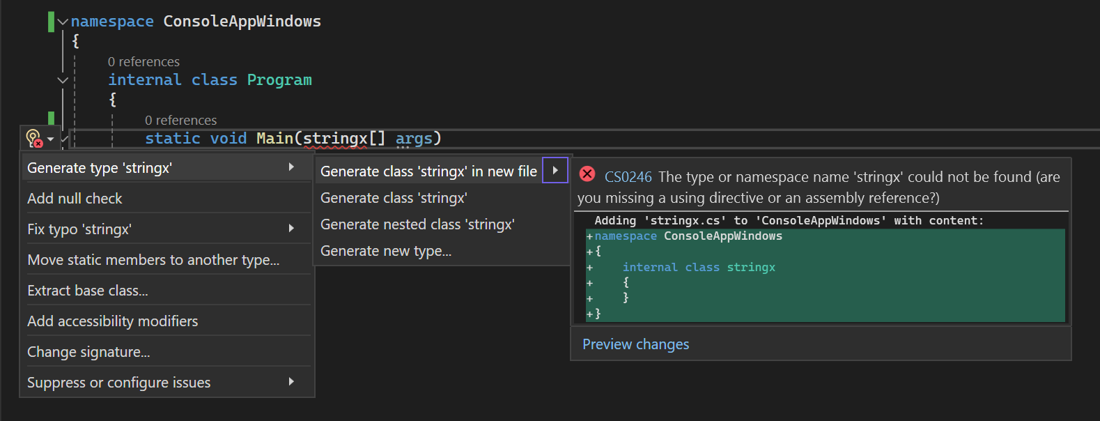 Analyzer violation and Quick Action code fix
