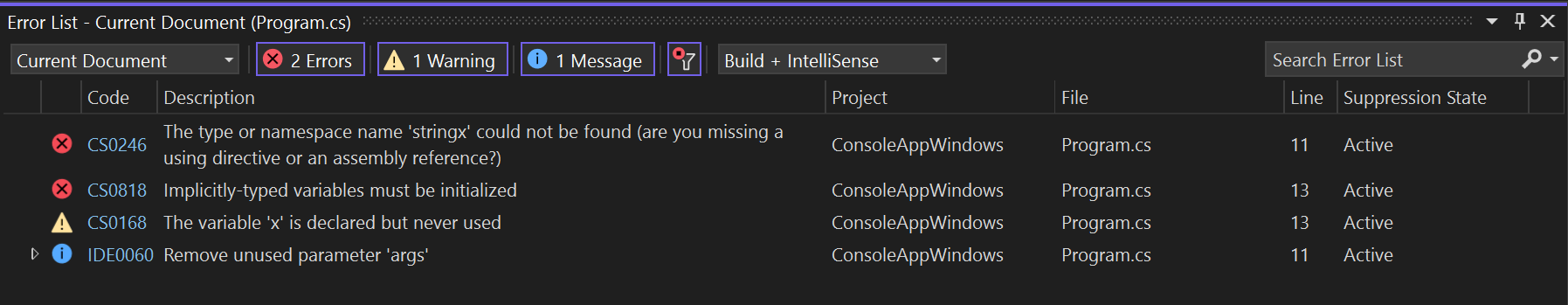 Analyzer violation in Error List window