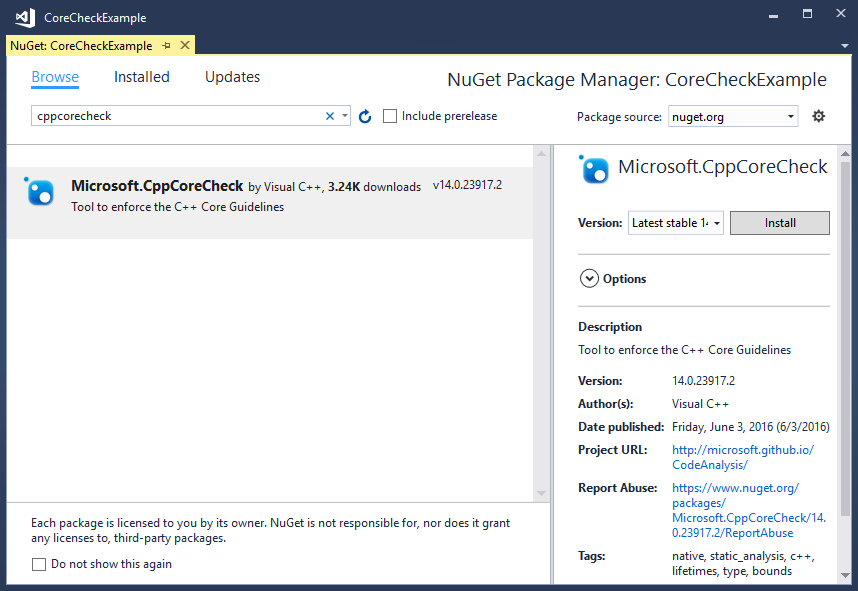 Окно Nuget диспетчер пакетов с пакетом CppCoreCheck.