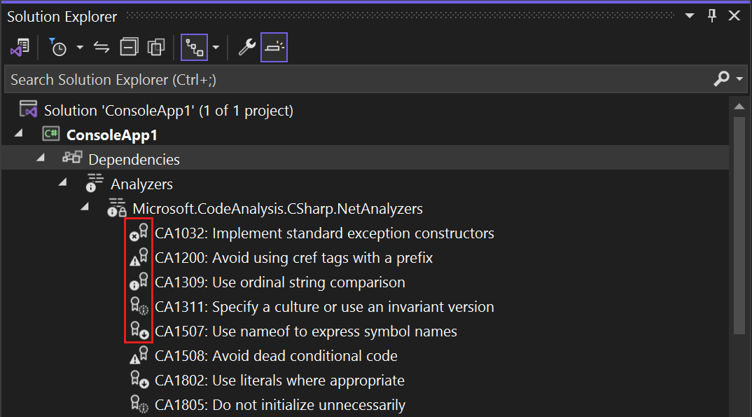 Diagnostics icons in Solution Explorer