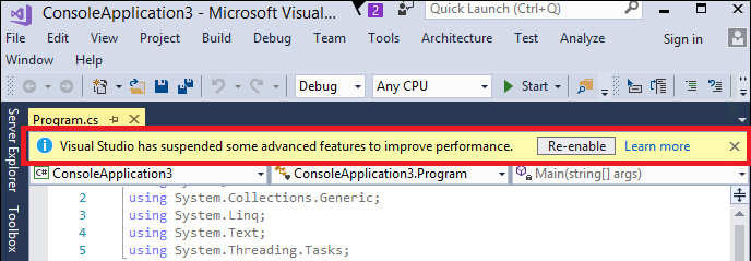 Снимок экрана: предупреждение о том, что Visual Studio сводит к минимуму область анализа.