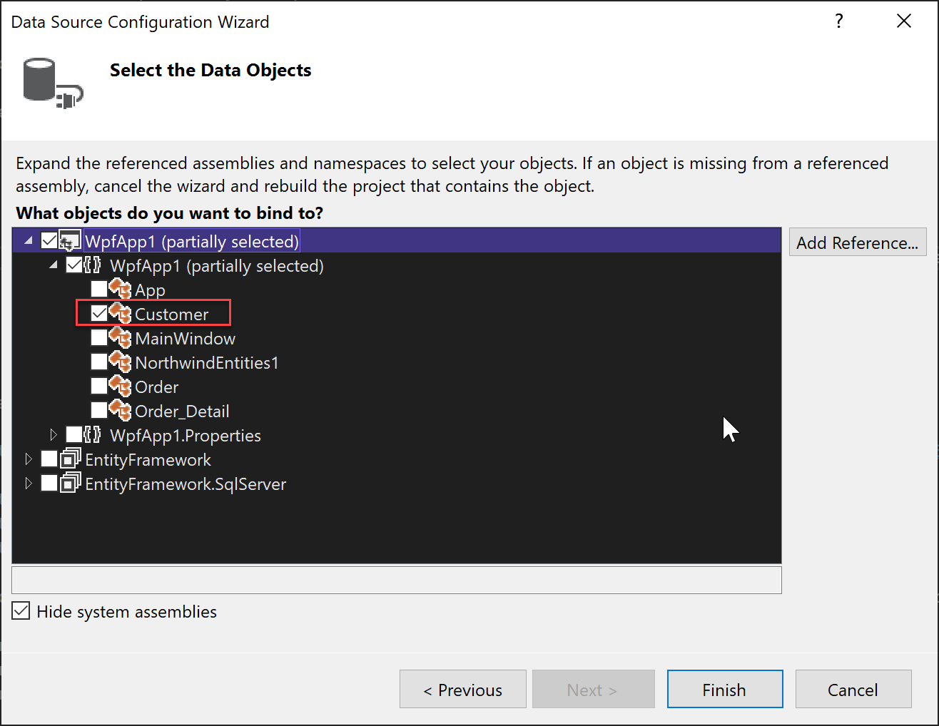 Снимок экрана: объект Customer, выбранный в качестве источника данных.