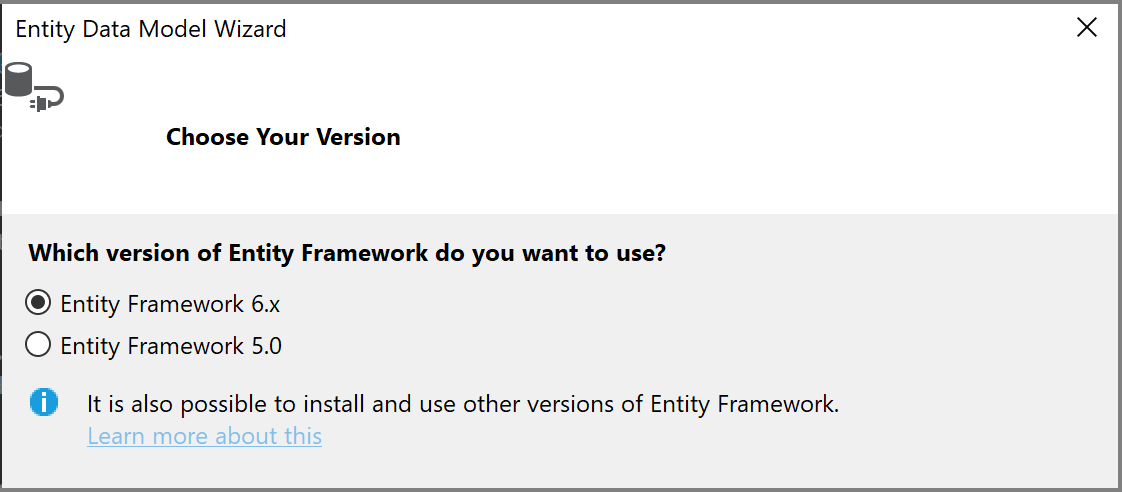 Снимок экрана: выбор версии для Entity Framework.